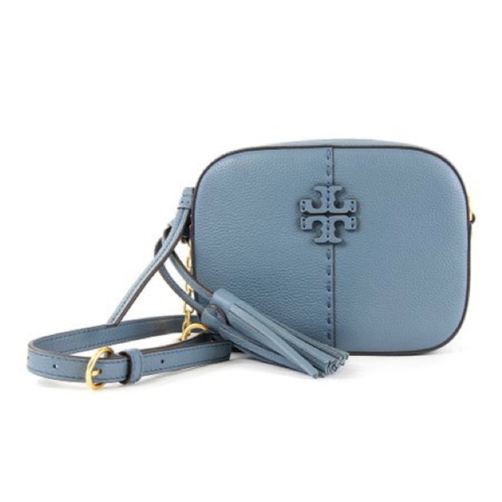 Tory Burch Blue McGraw Pebbled Leather Tassel Crossbody Bag